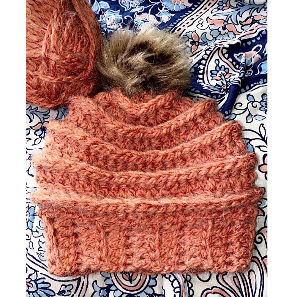 Crocheted Adult Winter Hat with Faux Fir Pom Pom